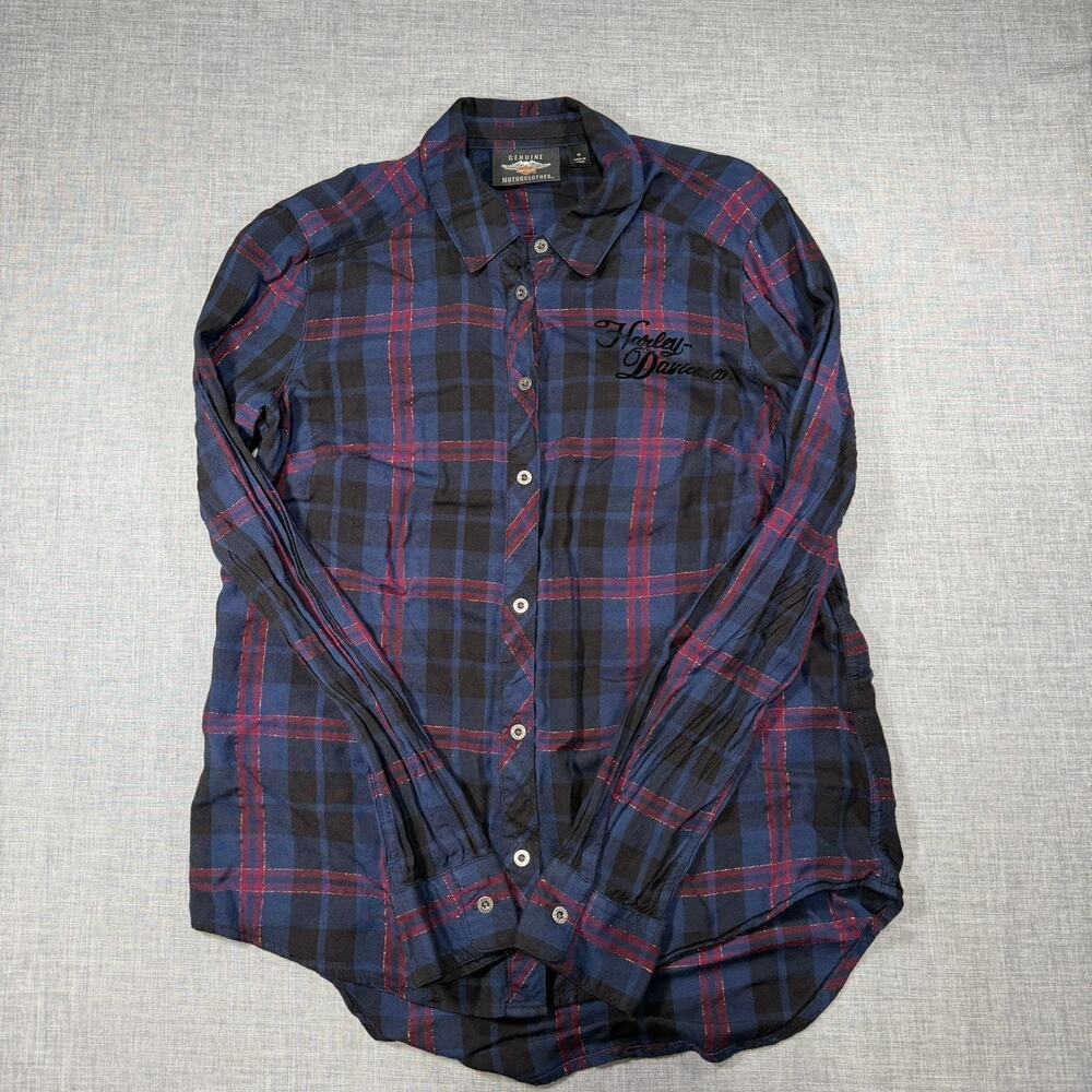 Harley-Davidson® Flocked Roses Plaid Button Down Top Women’s Size M Blue Red